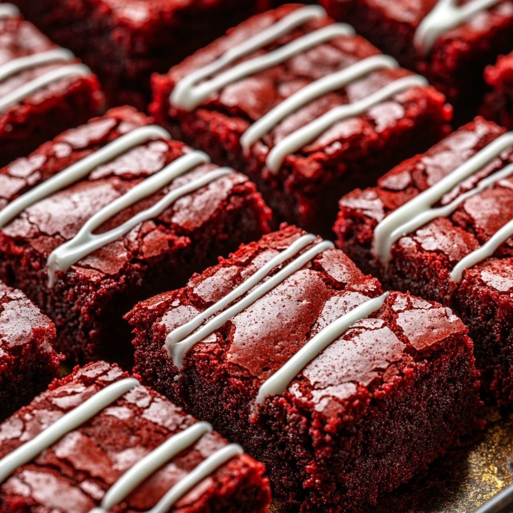 Brownie Czerwonego Sametu na talerzu, dekorowane kremem i owocami.