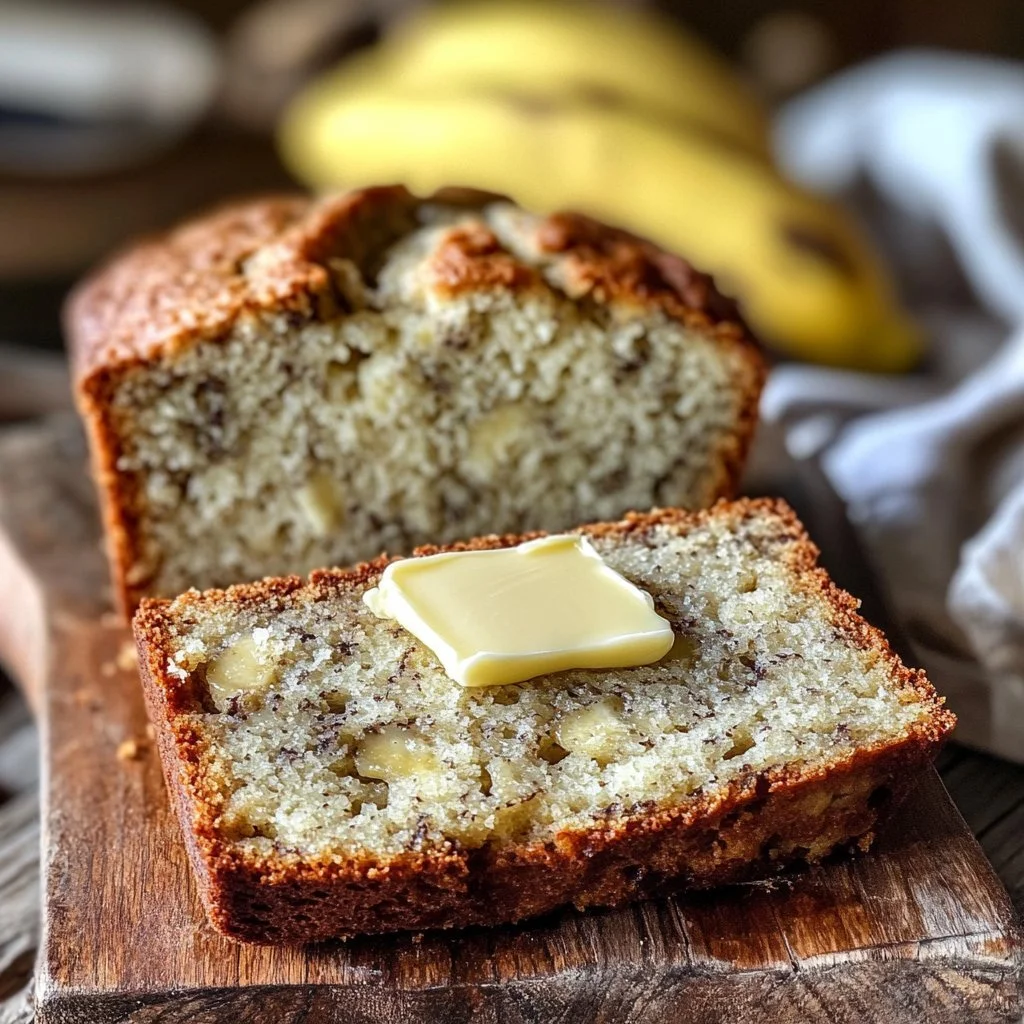 Łatwy i wilgotny chleb bananowy na stole z bananami w tle