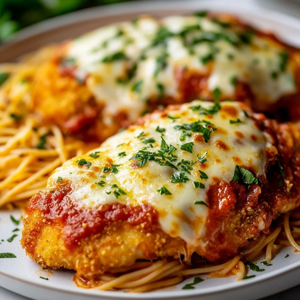Pieczeń z kurczaka po parmeńsku, prezentacja dania na talerzu