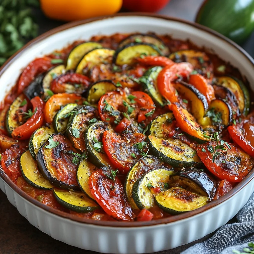 Ziołowe ratatouille w kolorowej ceramicznej misce na drewnianym stole