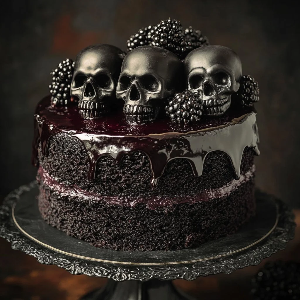 Straszny Czarny Aksamitny Tort Halloweenowy z dekoracjami na Halloween