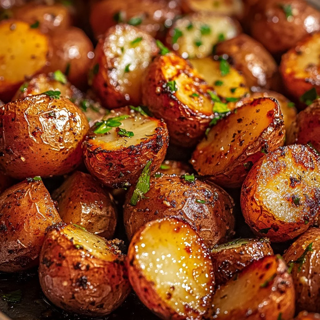 Ziemniaki pieczone z czosnkiem, ziołami i parmezanem na talerzu