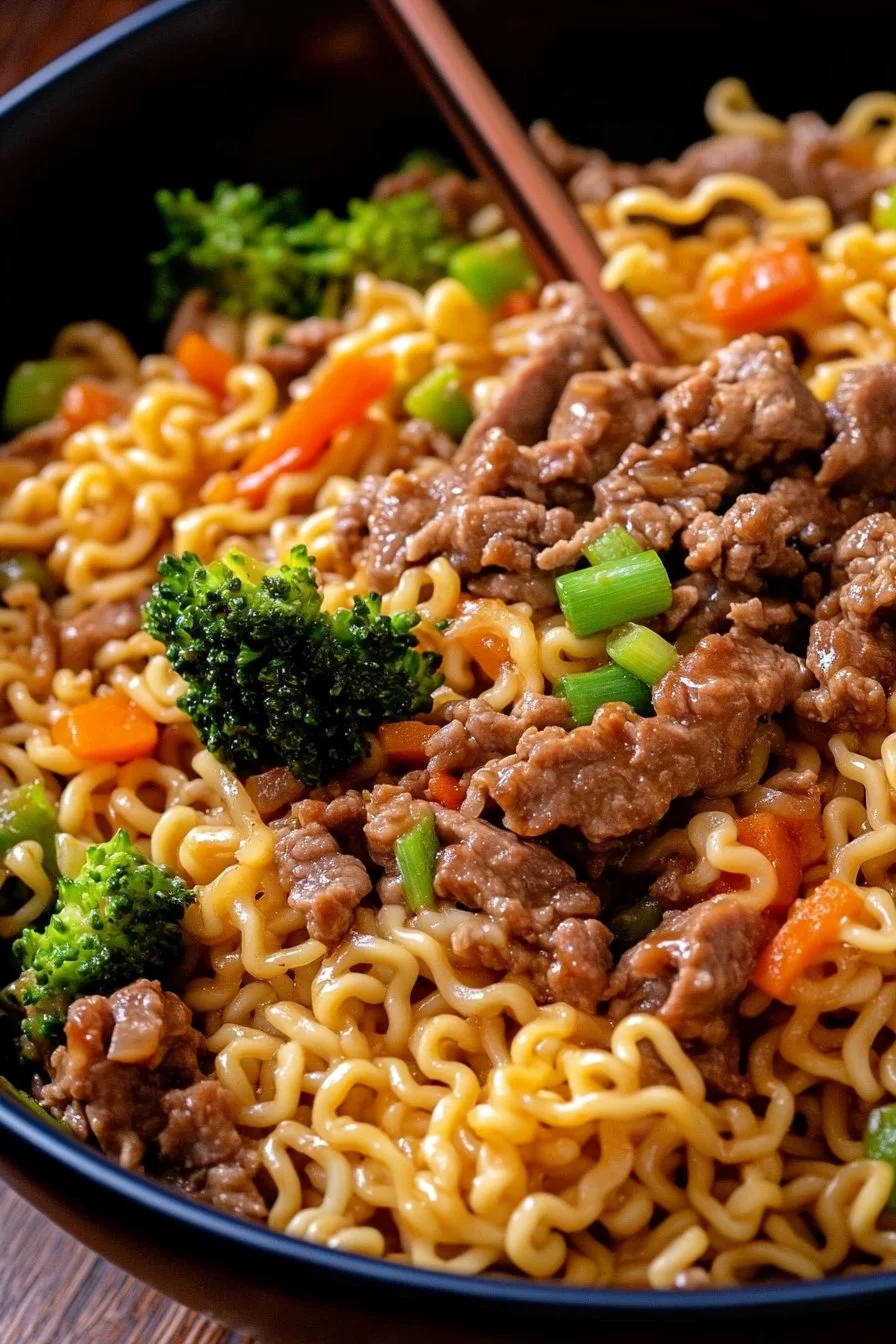 Smażony makaron ramen wołowy