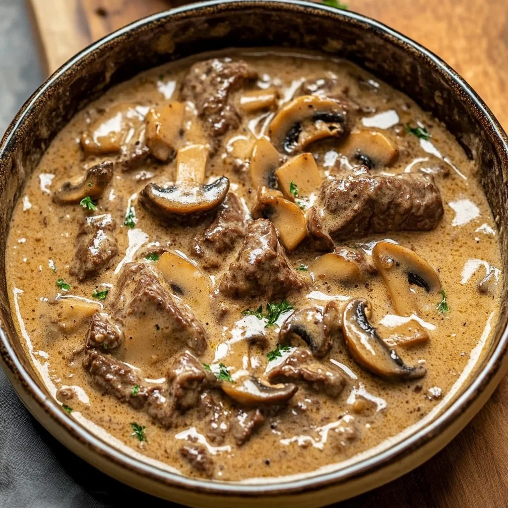 Boeuf Stroganow z soczystym mięsem i aromatycznym sosem