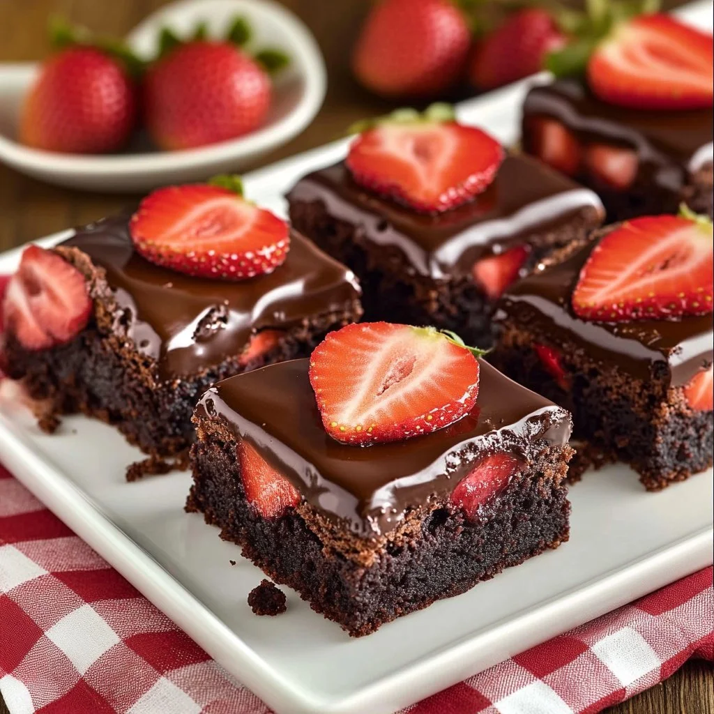 Brownie truskawkowe na talerzu, deser z truskawkami i czekoladą