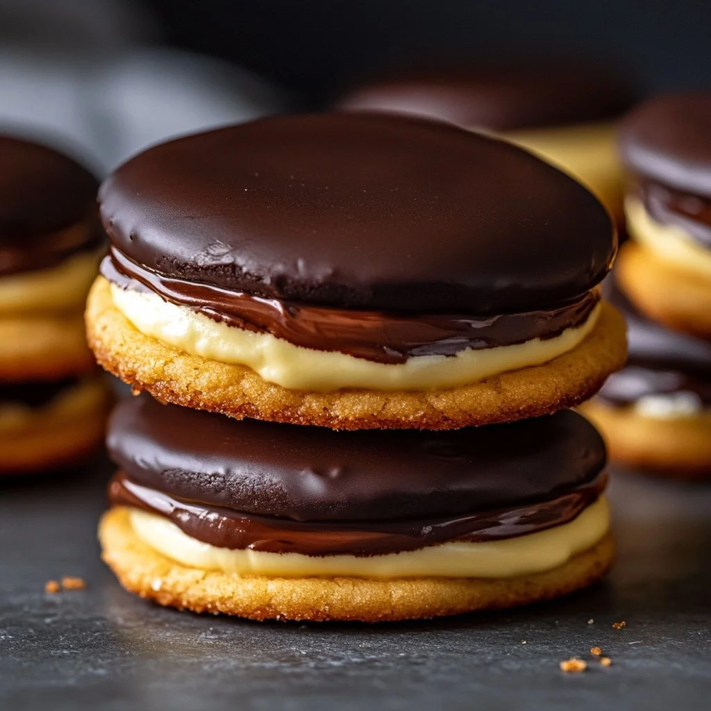 Pyszne ciastka Boston Cream Pie z kremem i czekoladową polewą