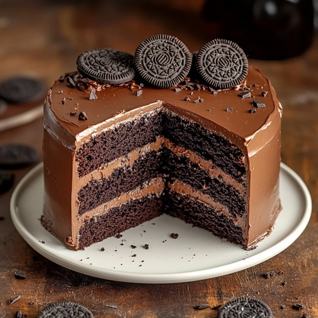 Ciasto czekoladowe Oreo na talerzu z czekoladową polewą