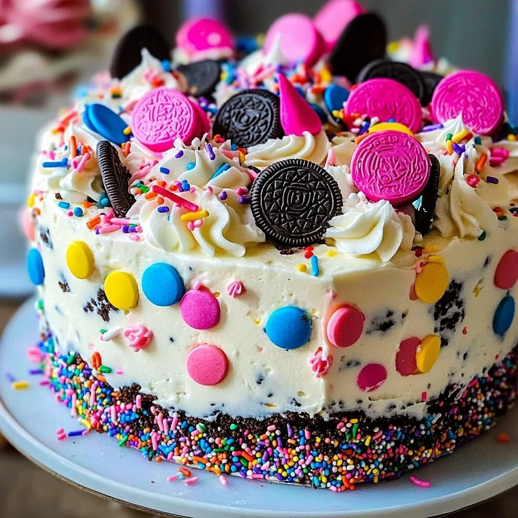 Ciasto lodówkowe Funfetti z Oreos bez pieczenia na talerzu