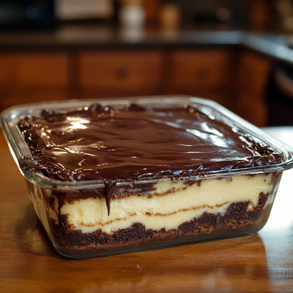 Poke ciasto w stylu Boston Cream Pie, apetyczny deser na talerzu