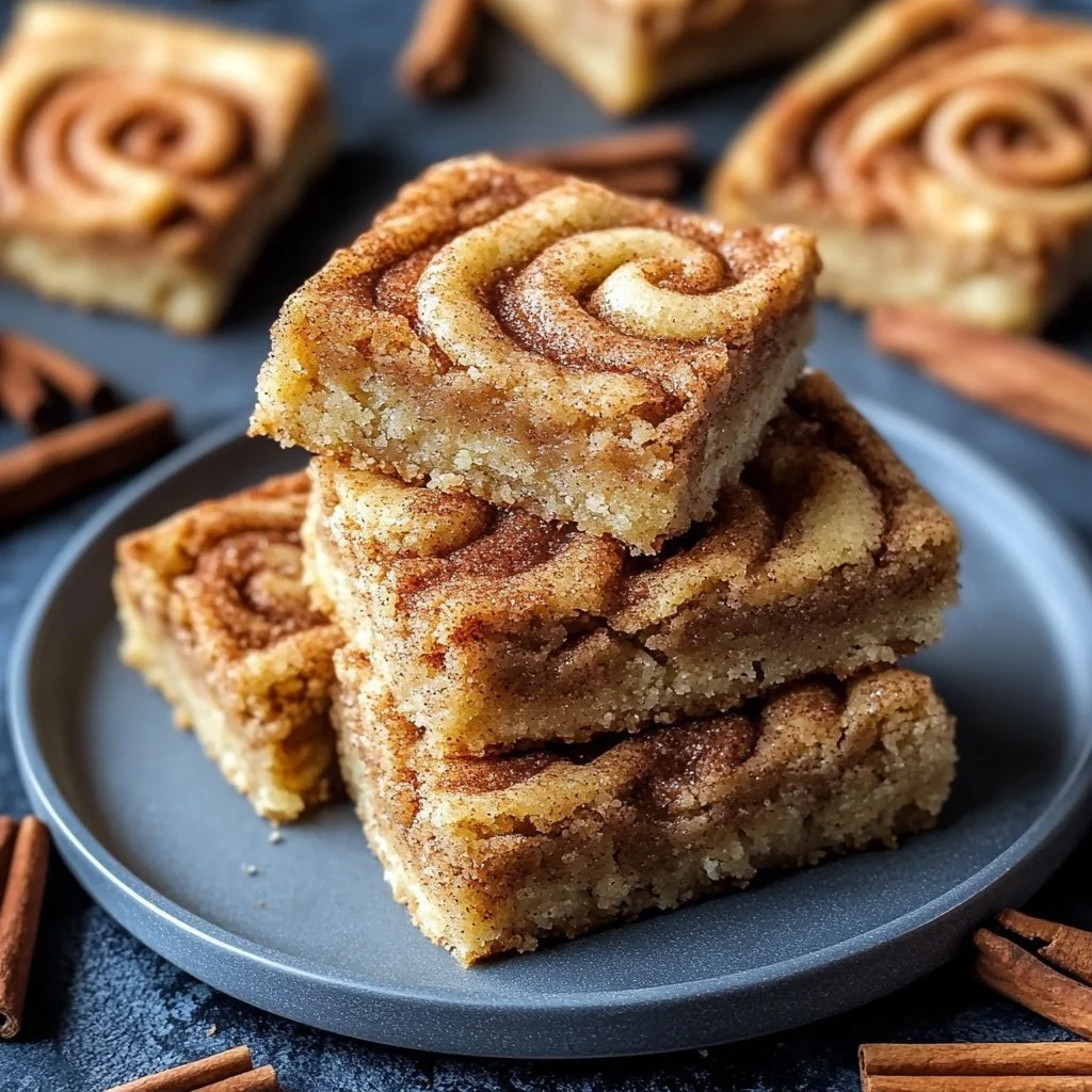 Cynamonowe snickerdoodle blondie z wiatrakiem, pyszne ciasto na talerzu.