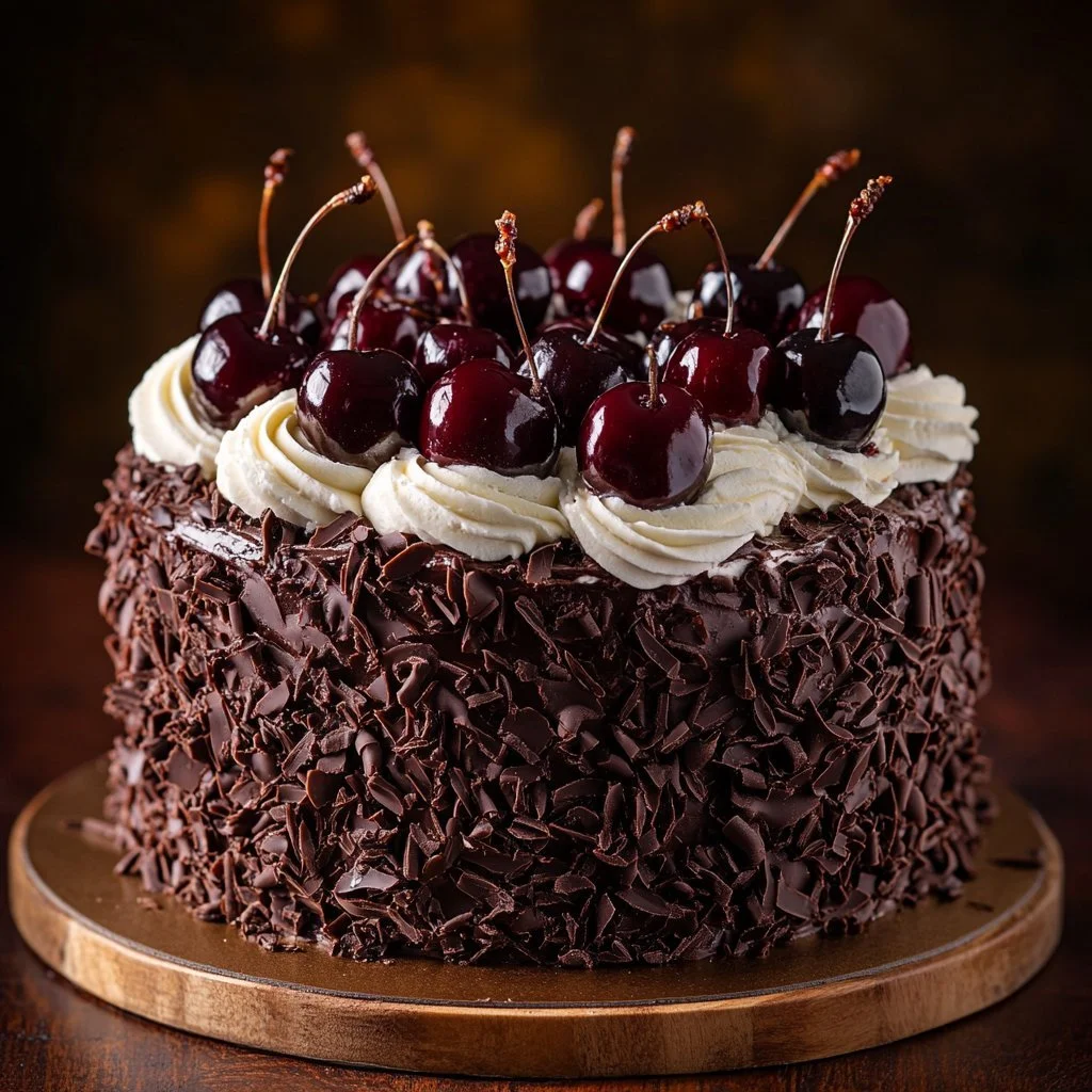 Czarny Las Cake z czekolady i wiśniami na talerzu