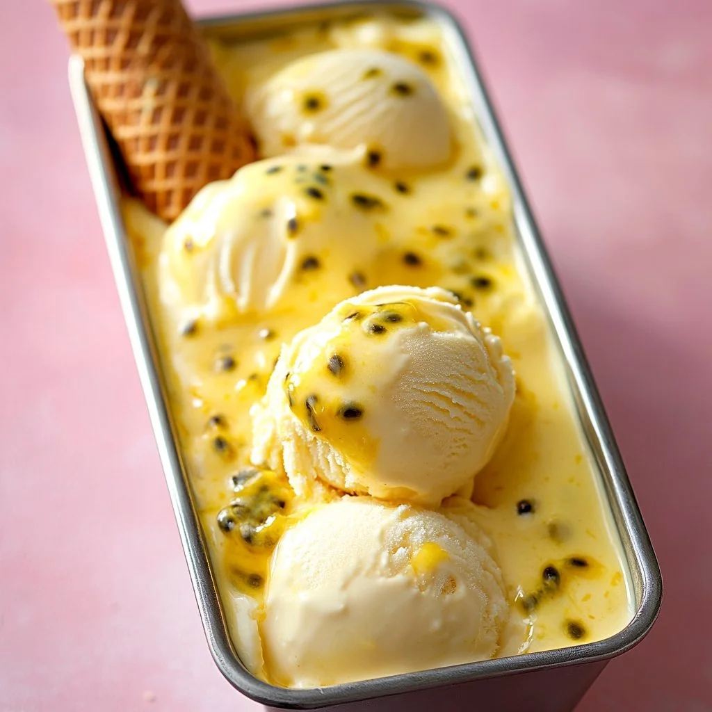 Pyszne lody z marakui w miseczce z owocami