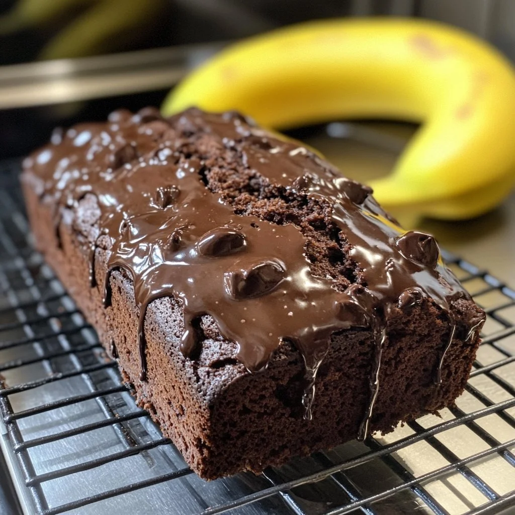 Podwójny czekoladowy chleb bananowy z czekoladowymi kawałkami na talerzu