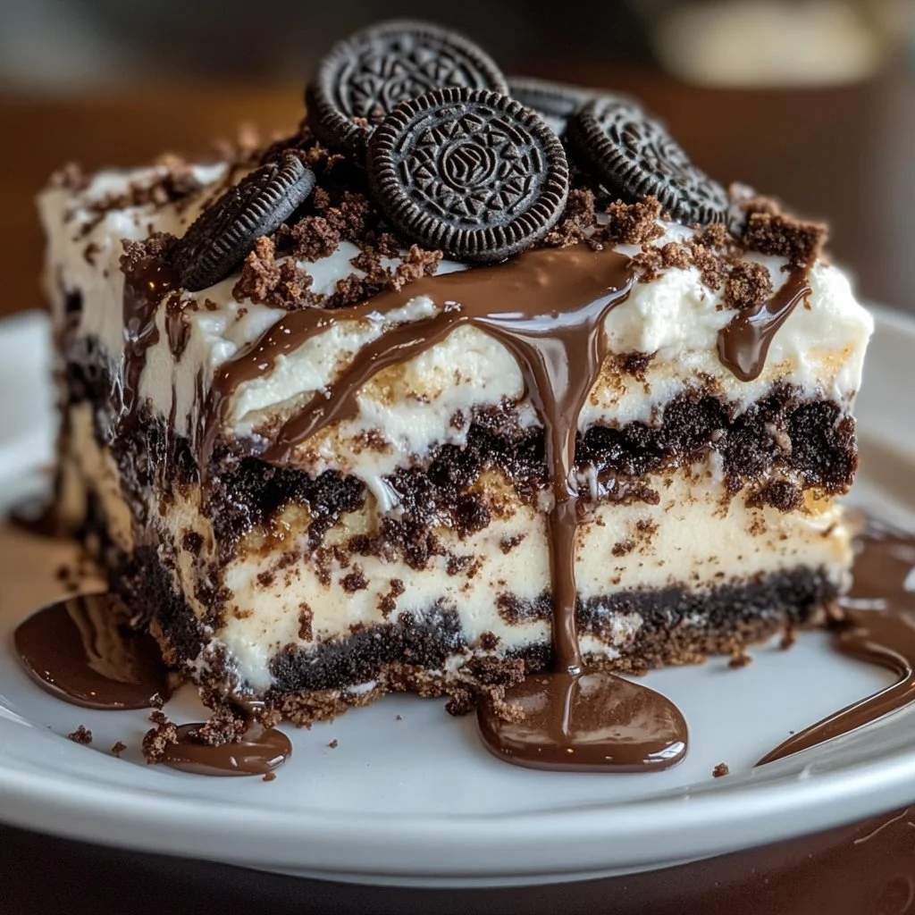 Pyszne ciasto Oreo Dump Cake na talerzu, idealne na deser.