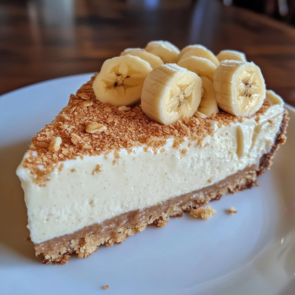 Sernik z bananowym budyniem na talerzu, dekorowany owocami