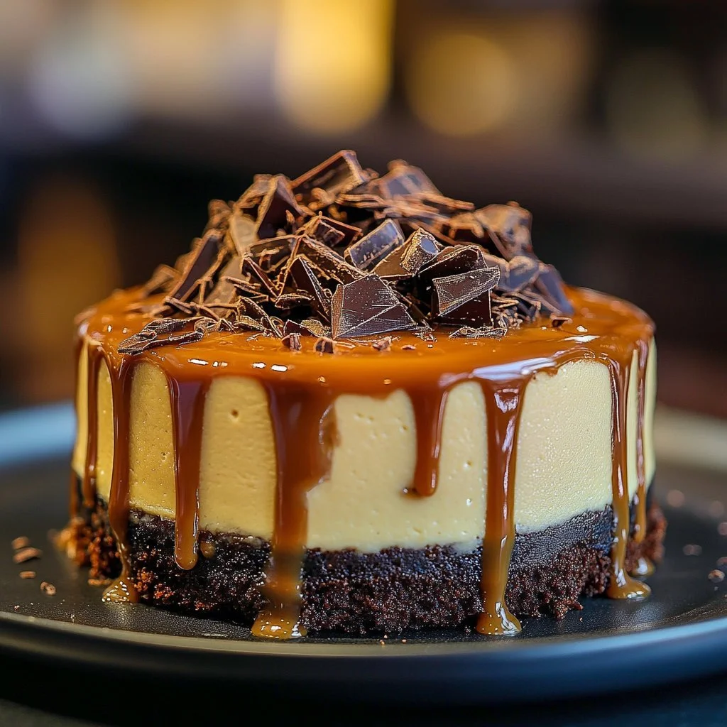 Pyszny seromakowiec z karmelem i brownie na talerzu