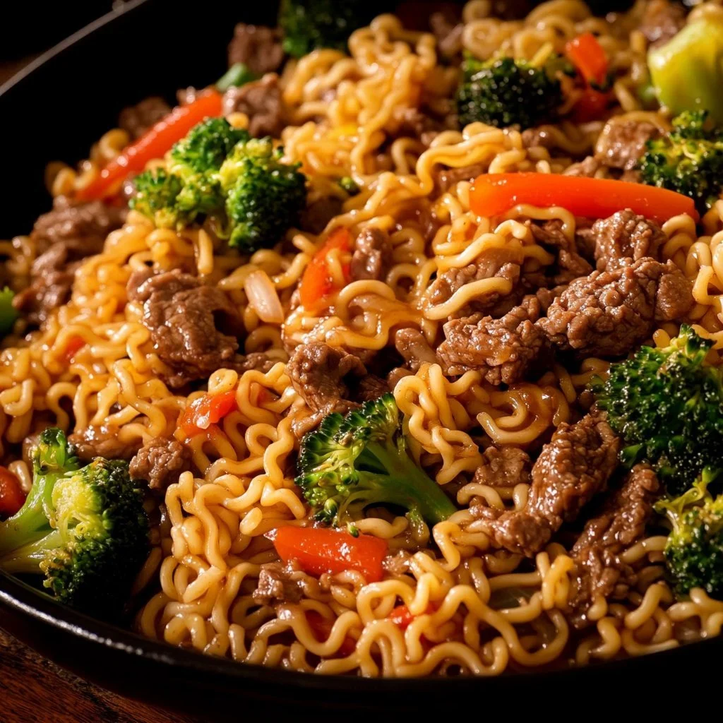 Smażony makaron ramen wołowy z warzywami i sosami