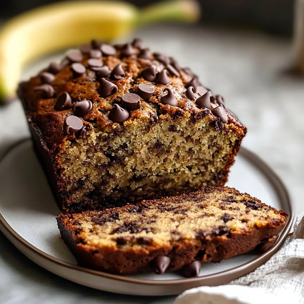 Super wilgotny chleb bananowy z kawałkami czekolady na talerzu
