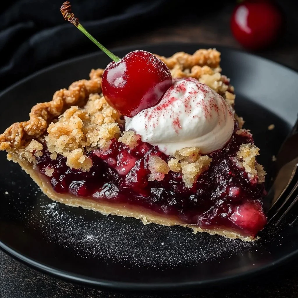 Pyszne wiśniowe ciasto crumble na talerzu z kruchą posypką.