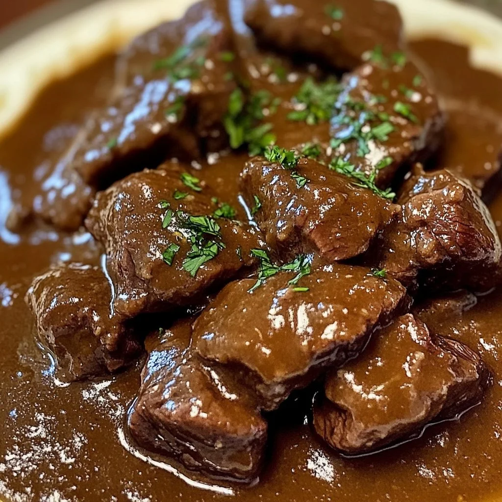 Wołowe kawałki z sosem gravy na talerzu, soczyste danie obiadowe