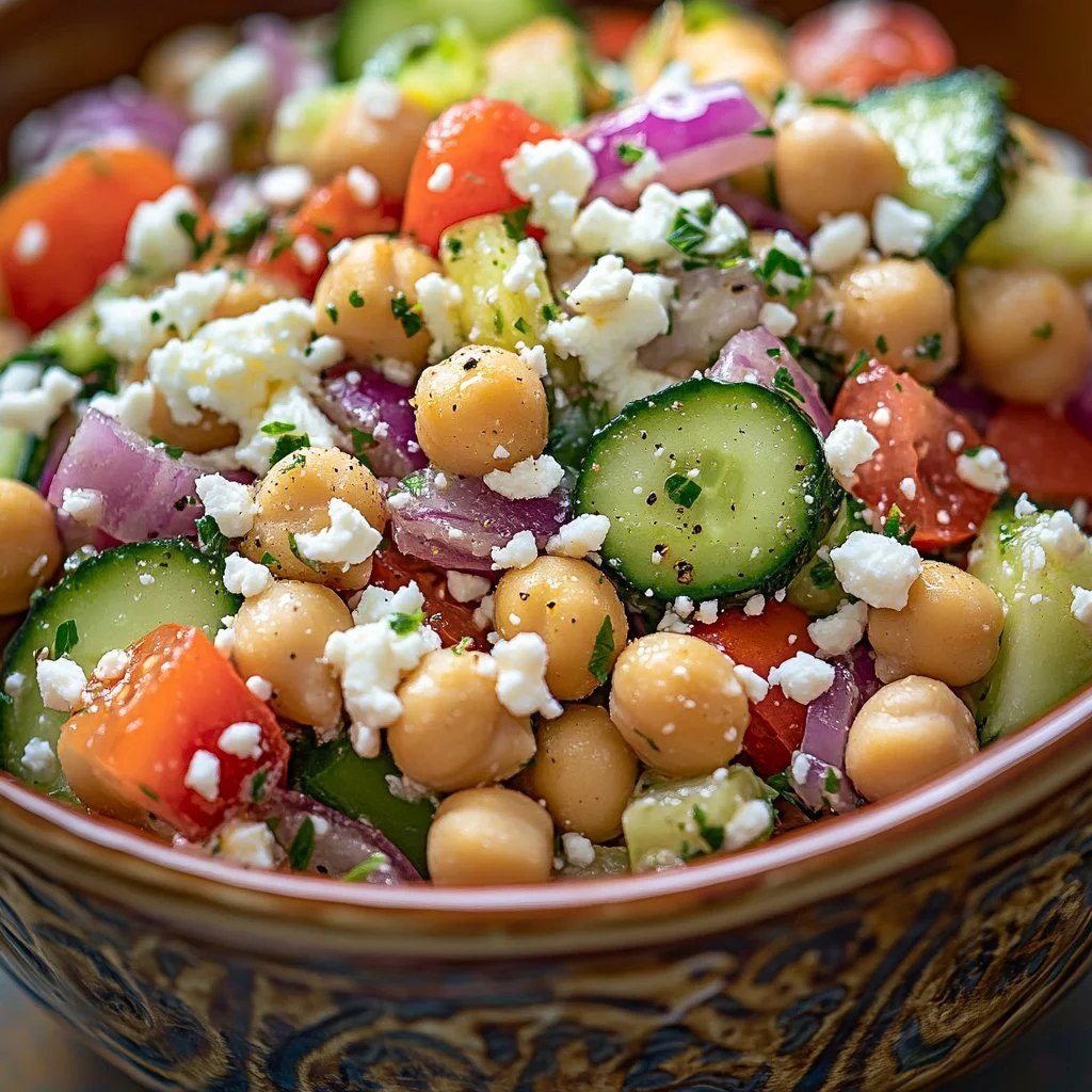 Mediterranean style chickpea salad with fresh vegetables and herbs