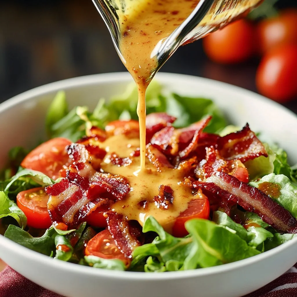 Ciepły sos vinaigrette z bekonem w misce, idealny do sałatek.