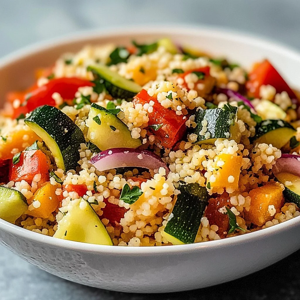 Couscous z pieczonymi warzywami na talerzu.