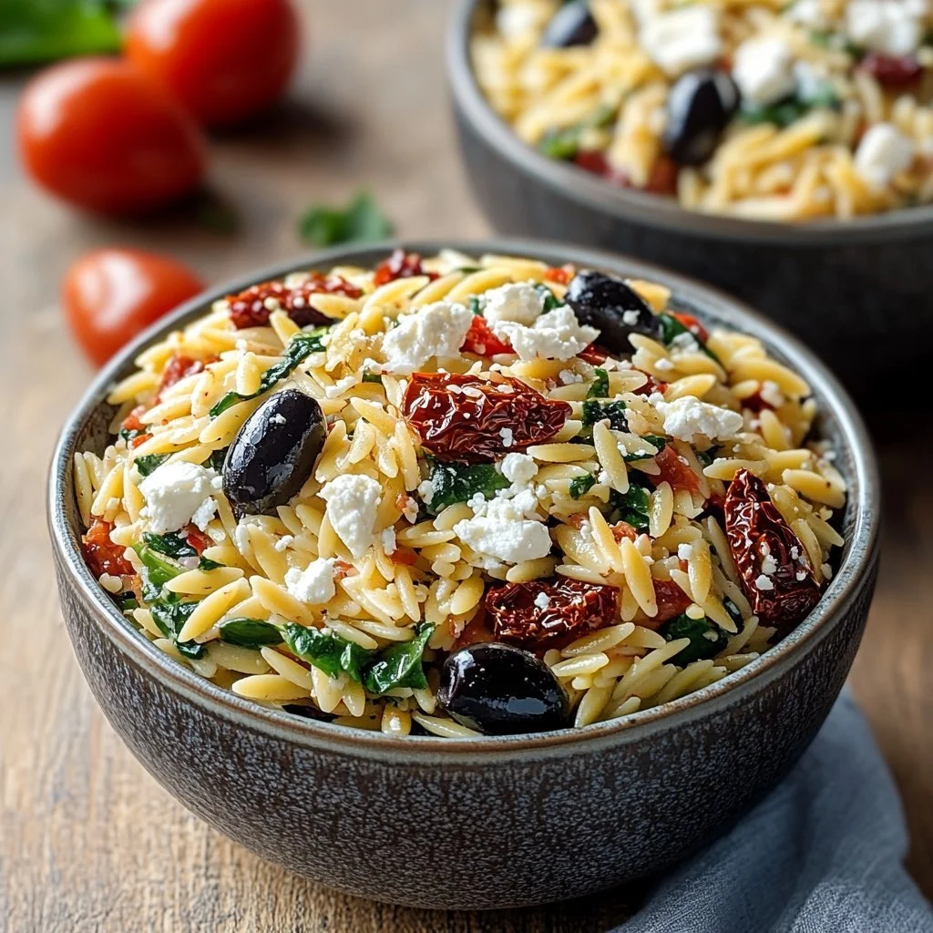 Sałatka z makaronem orzo, fetą i suszonymi pomidorami na talerzu