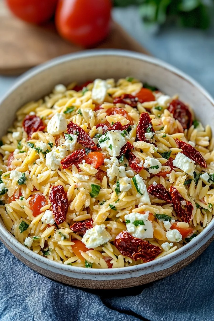 Domowa sałatka z makaronem orzo, fetą i suszonymi pomidorami