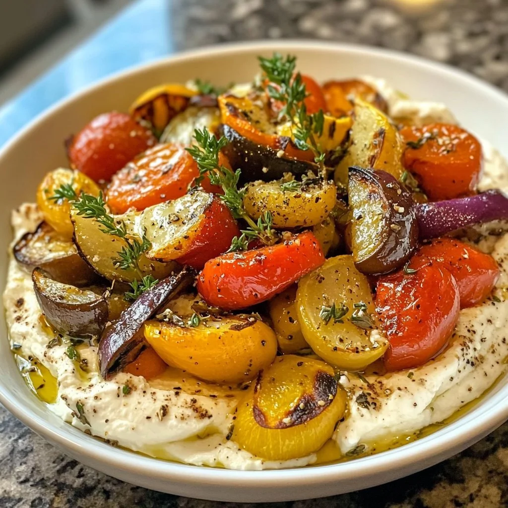 Feta w śmietanie z pieczonymi warzywami na talerzu