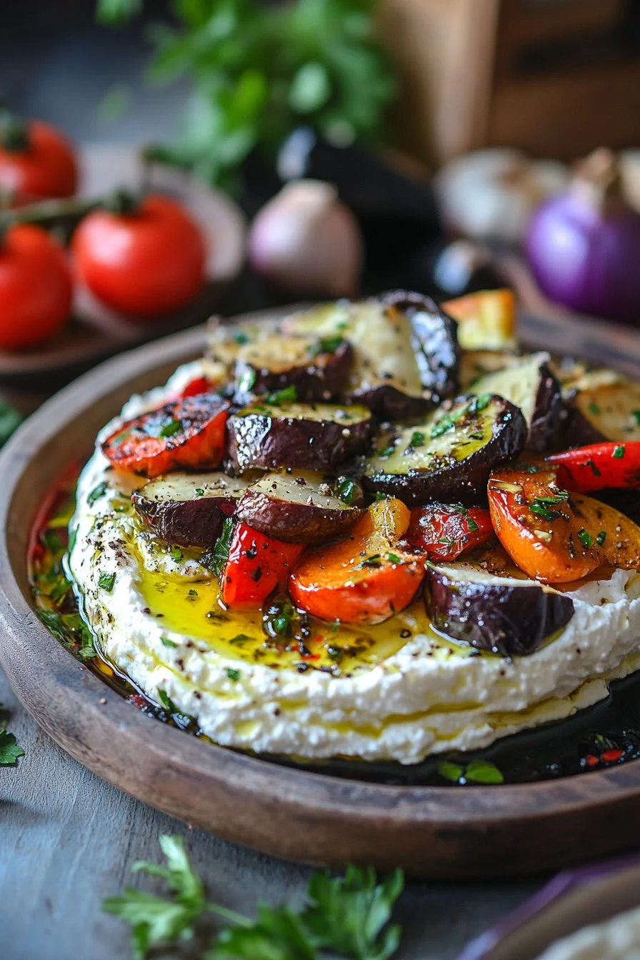 Feta w śmietanie z pieczonymi warzywami
