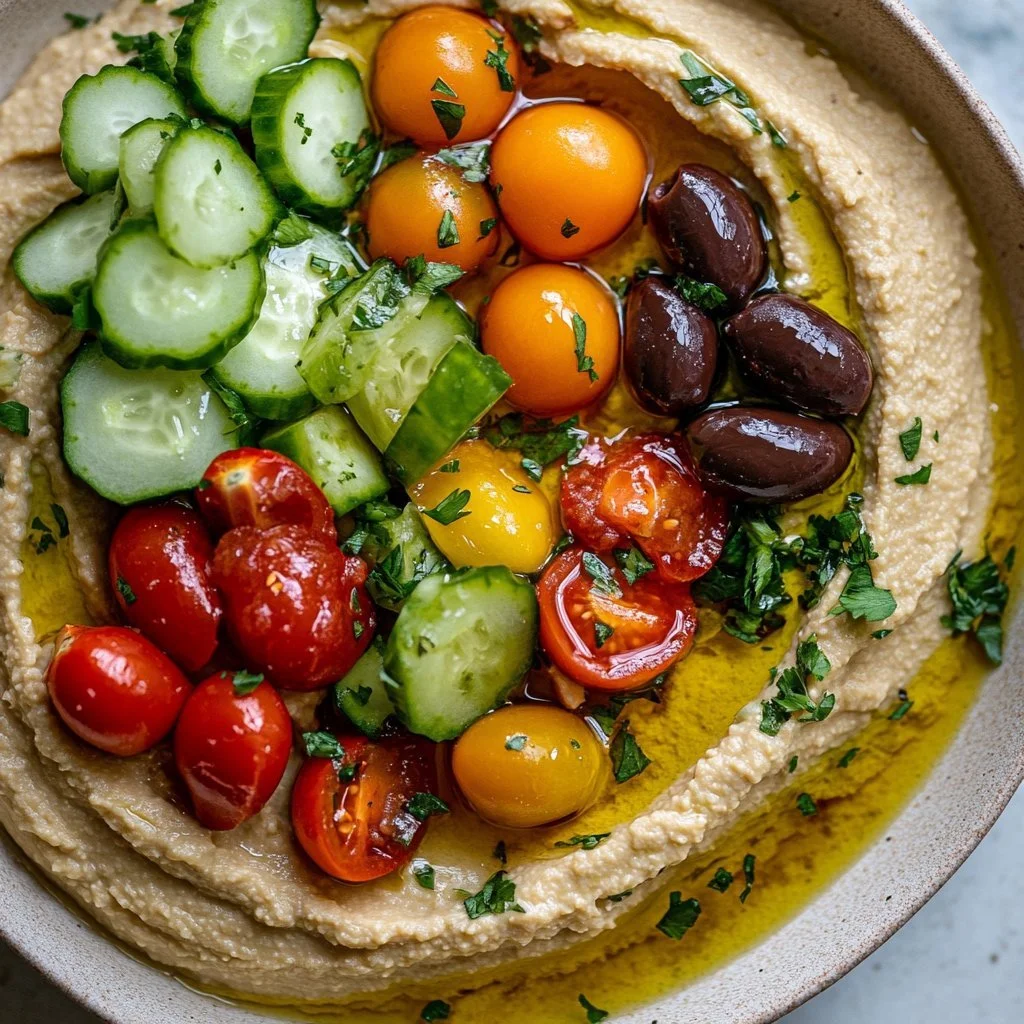 Grecka ładowana hummus podana w miseczce z oliwkami i nawarstwionymi warzywami.