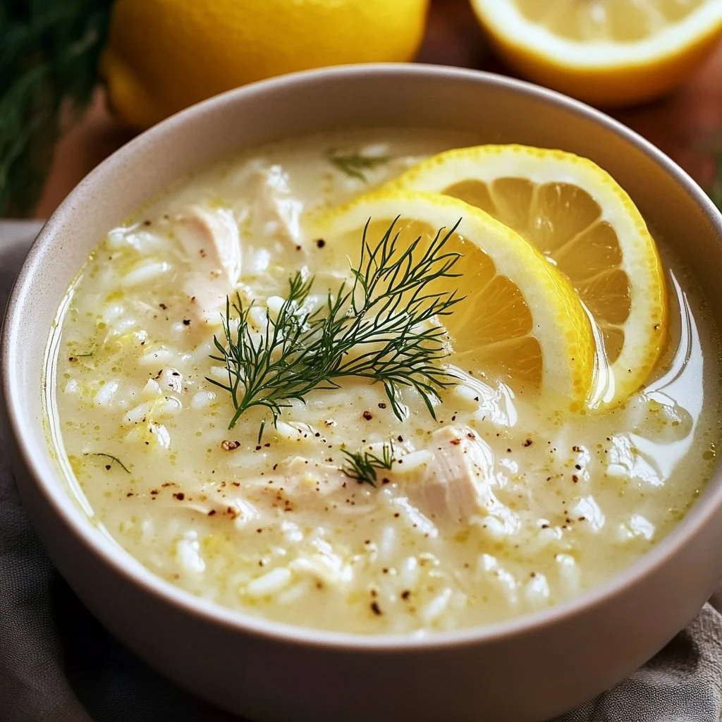 Grecka zupa Avgolemono z cytrynowym kurczakiem i ryżem w misce