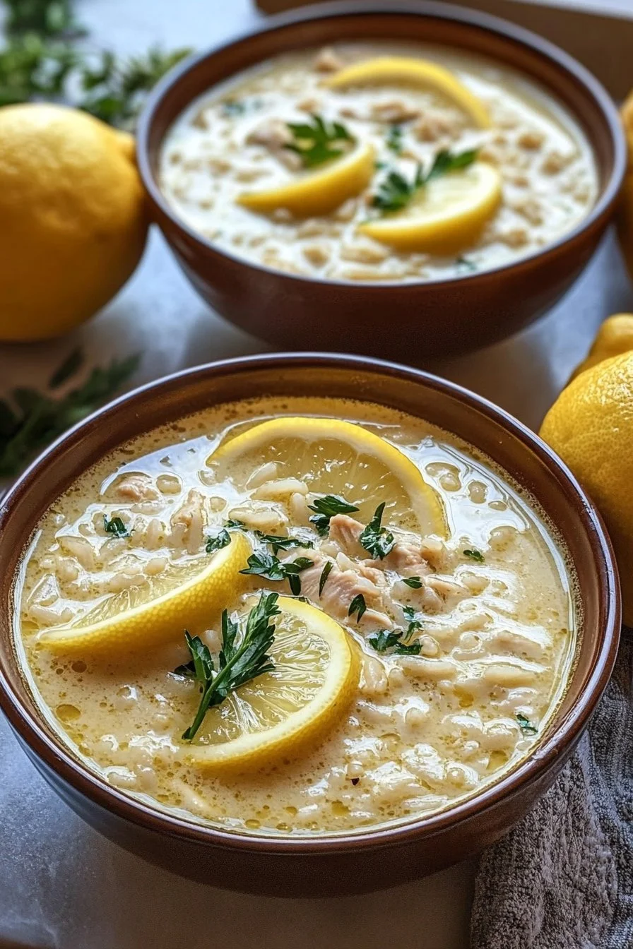 Grecka zupa Avgolemono (zupa z cytrynowym kurczakiem i ryżem)