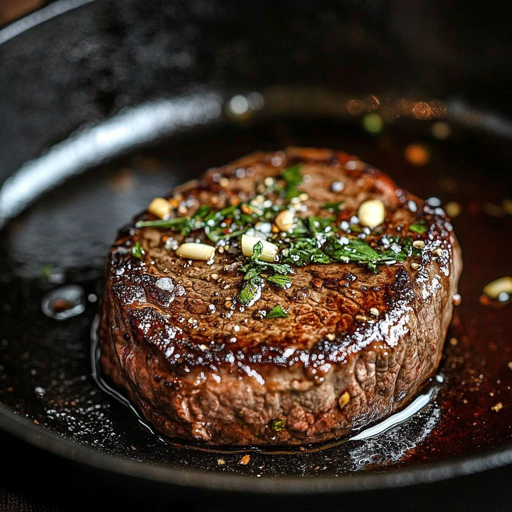 Idealny Filet Mignon na talerzu z dodatkami smakowymi.