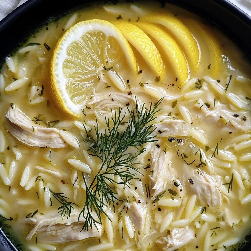 Kremowa zupa z kurczakiem, orzo i cytryną w misce