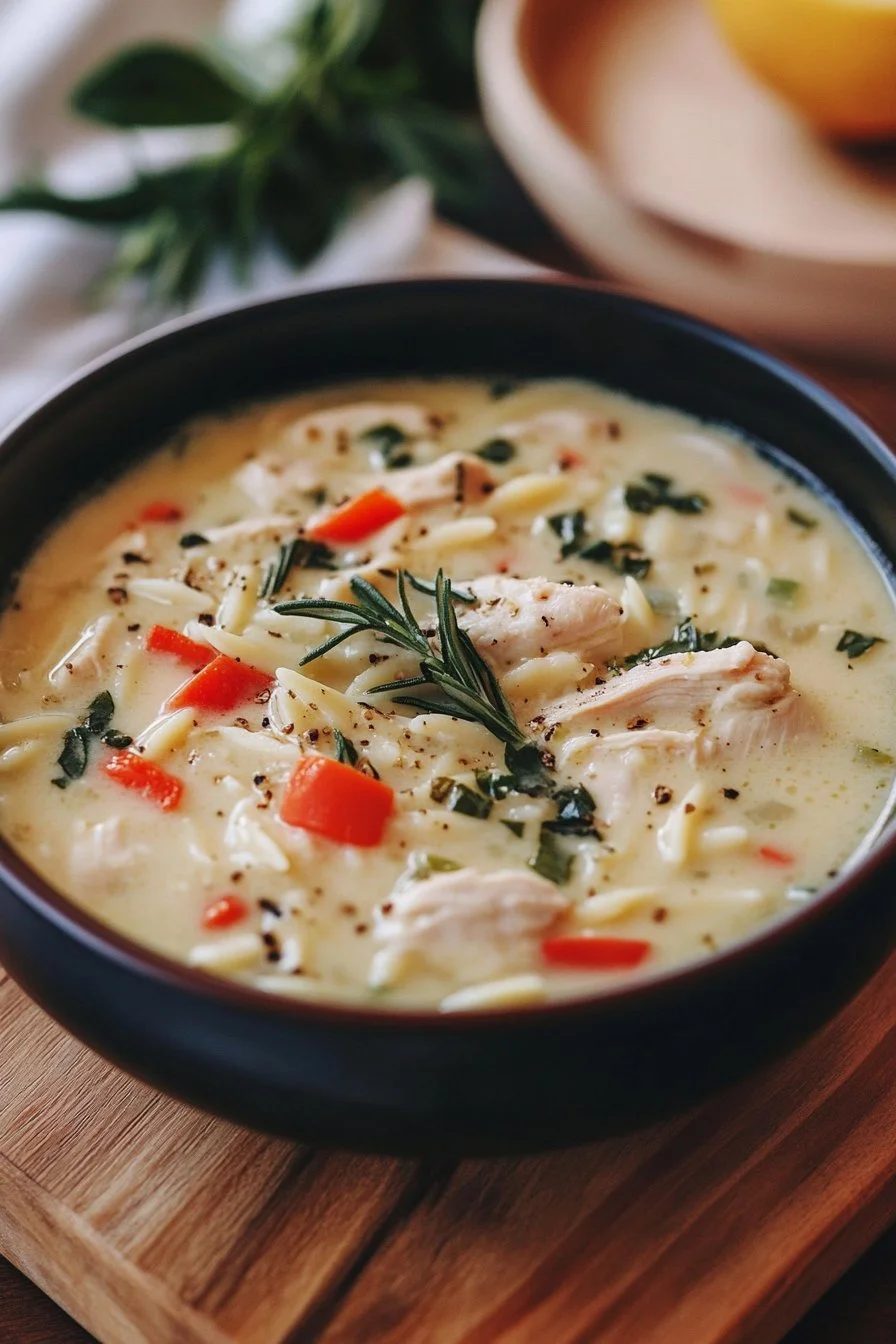 Kremowa zupa z kurczakiem i orzo z cytryną