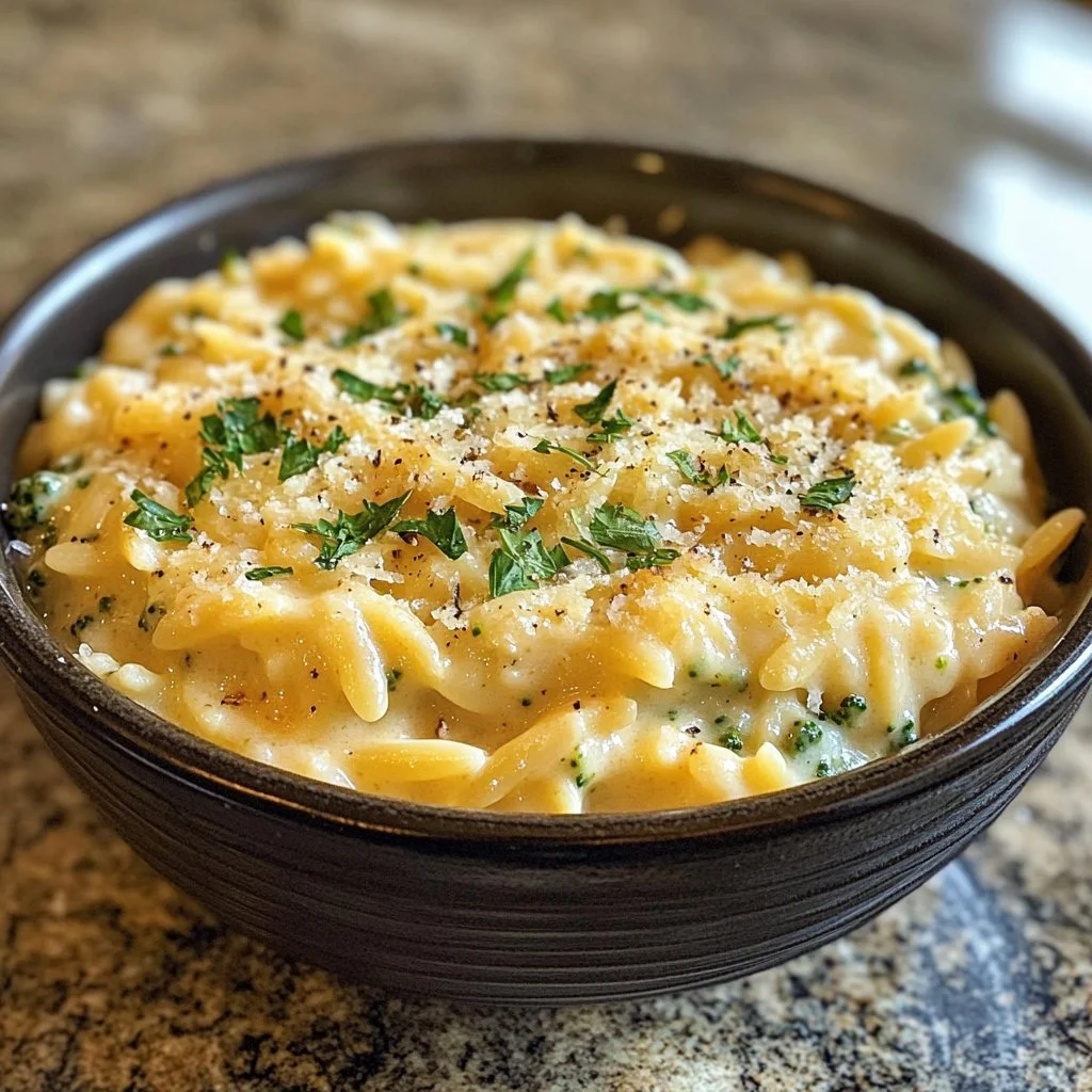 Kremowe orzo brokułowo-cheddarowe z brokułami i serem cheddar