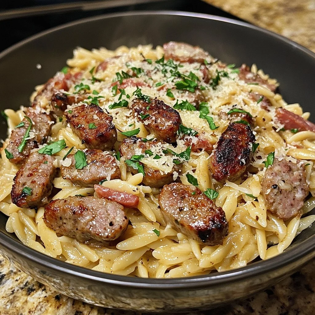 Kremowe orzo z kiełbasą i parmezanem w misce, udekorowane świeżymi ziołami.