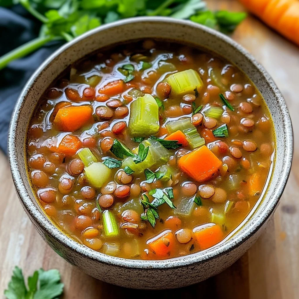 Mediterranean-style lentil soup served in a bowl with fresh herbs