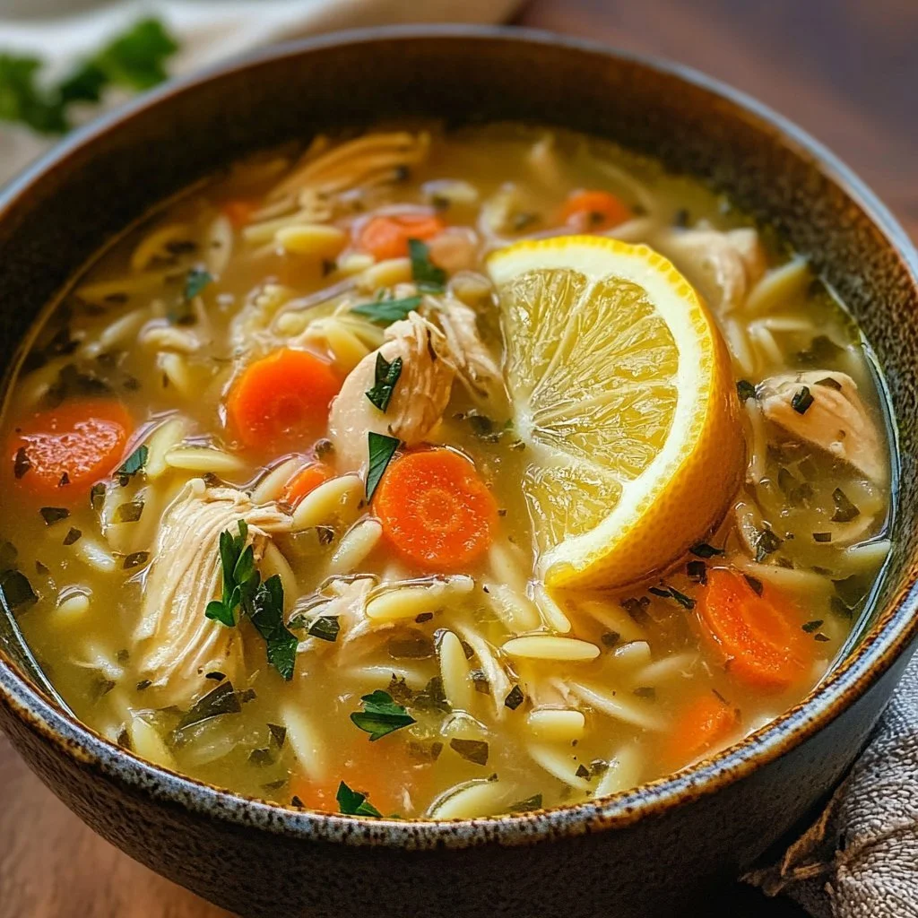 Zupa cytrynowa z kurczaka i orzo w pięknym talerzu