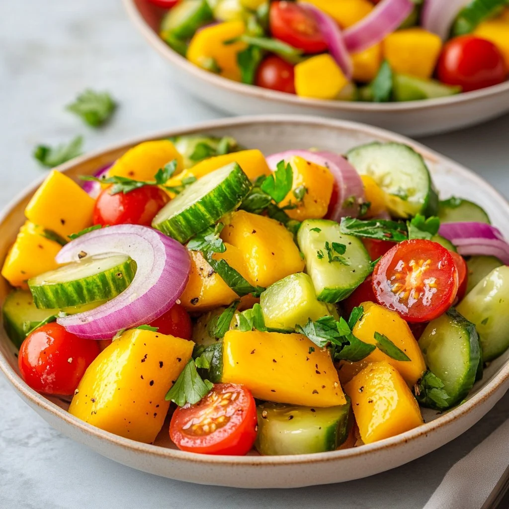 Odświeżająca sałatka z mango z dressingiem limonkowym na talerzu