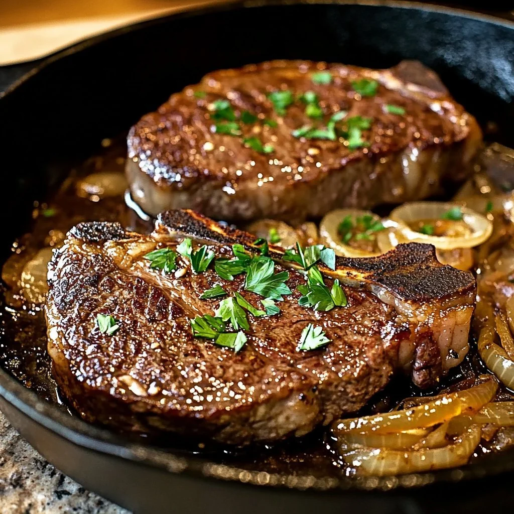 Pan smażony stek rib eye z czosnkiem na patelni