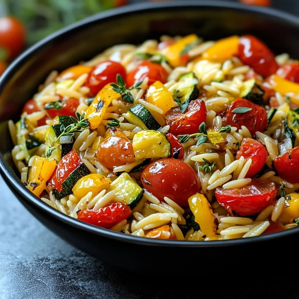 Danie Pieczona Orzo z kolorowymi warzywami na talerzu.