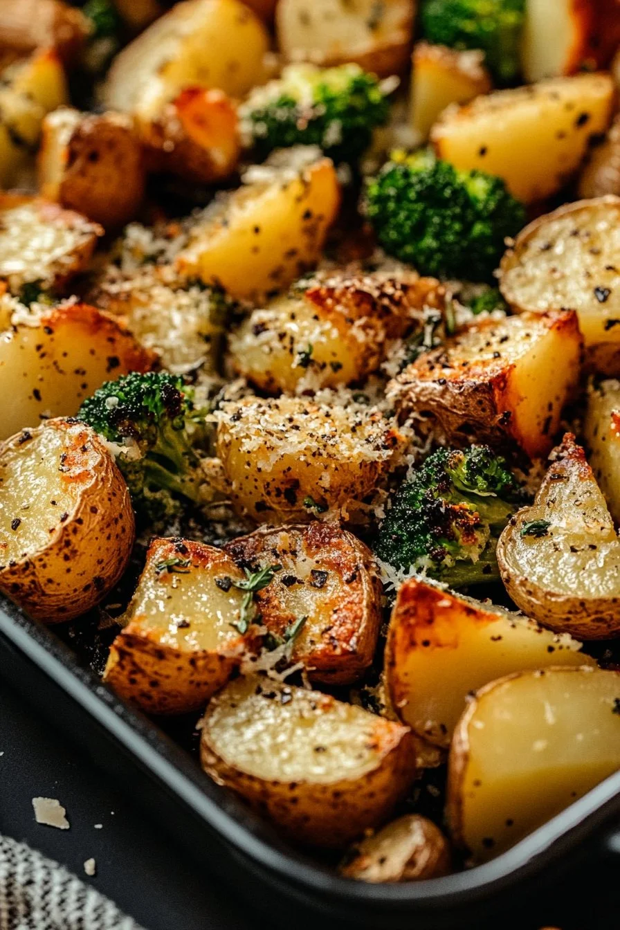 Pieczone ziemniaki z parmezanem i brokułami