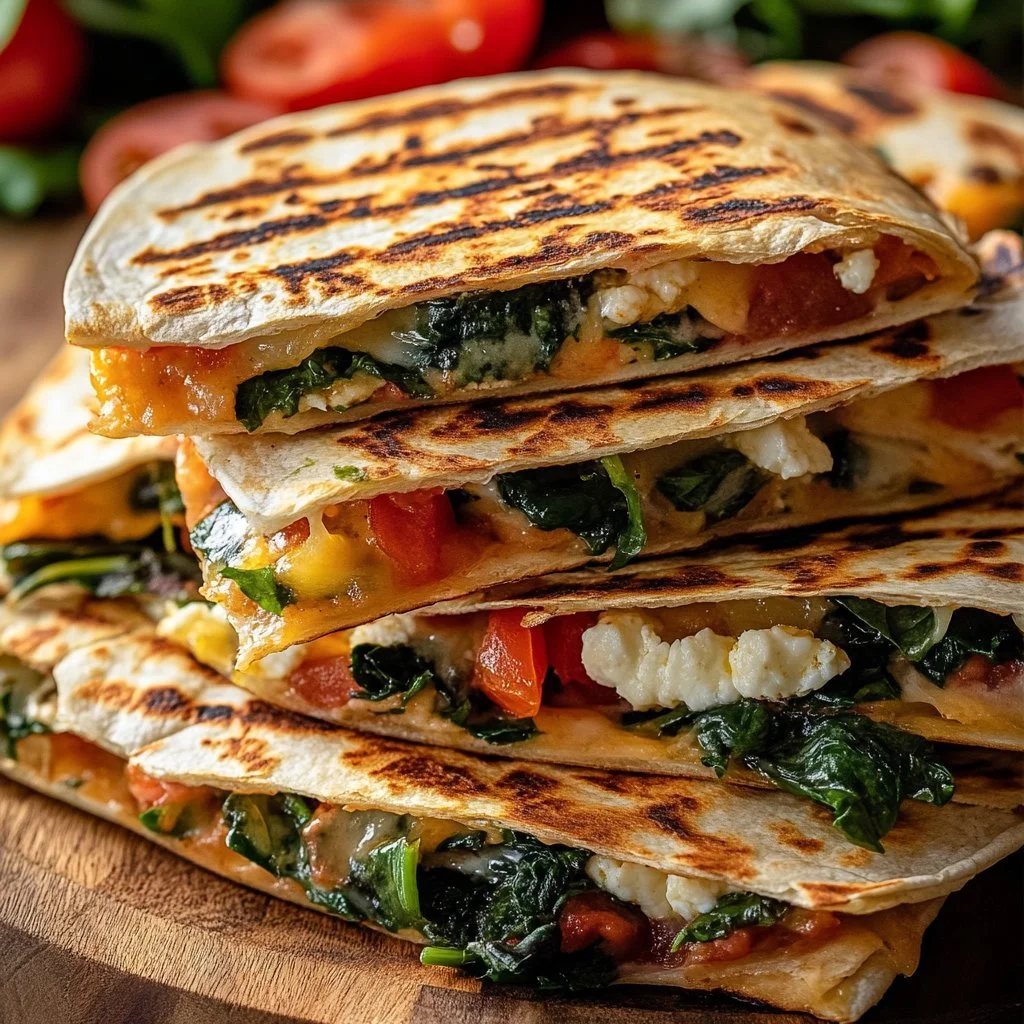 Quesadilla Śródziemnomorska ze szpinakiem, fetą i mozzarellą na talerzu