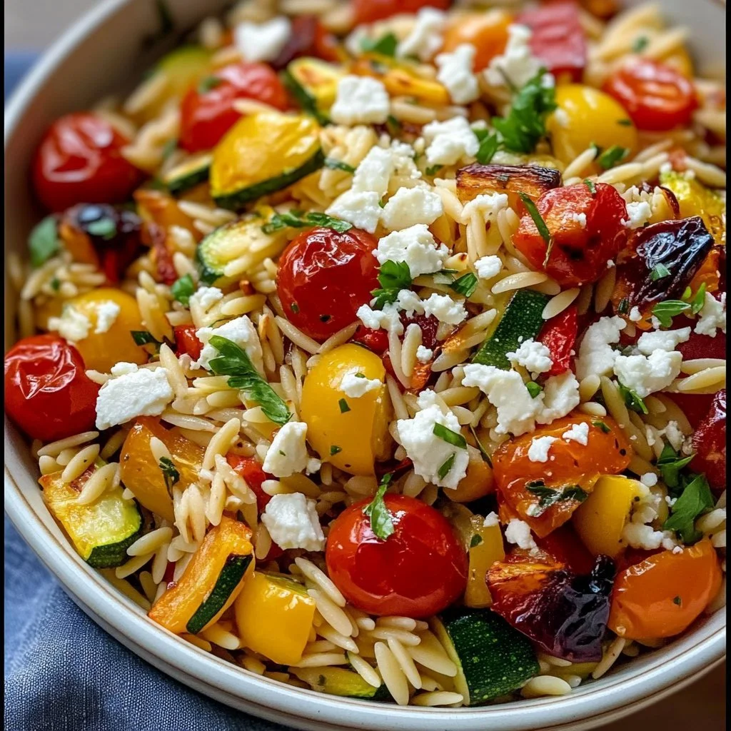 Sałatka orzo z pieczonymi warzywami i fetą na talerzu