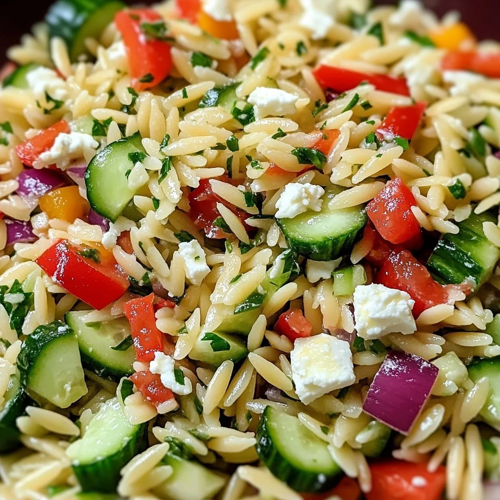 Sałatka z makaronem orzo po grecku z warzywami i serem feta