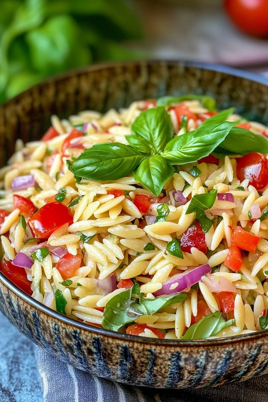 Sałatka z makaronem orzo z cytrynowym bazyliowym sosem