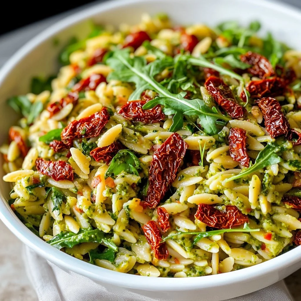 Sałatka z orzo, suszonymi pomidorami i pesto w kolorowej misce